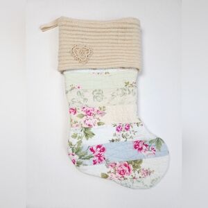 Upcycled Quilted Shabby Chic Christmas Stocking Ivory and Pink Floral